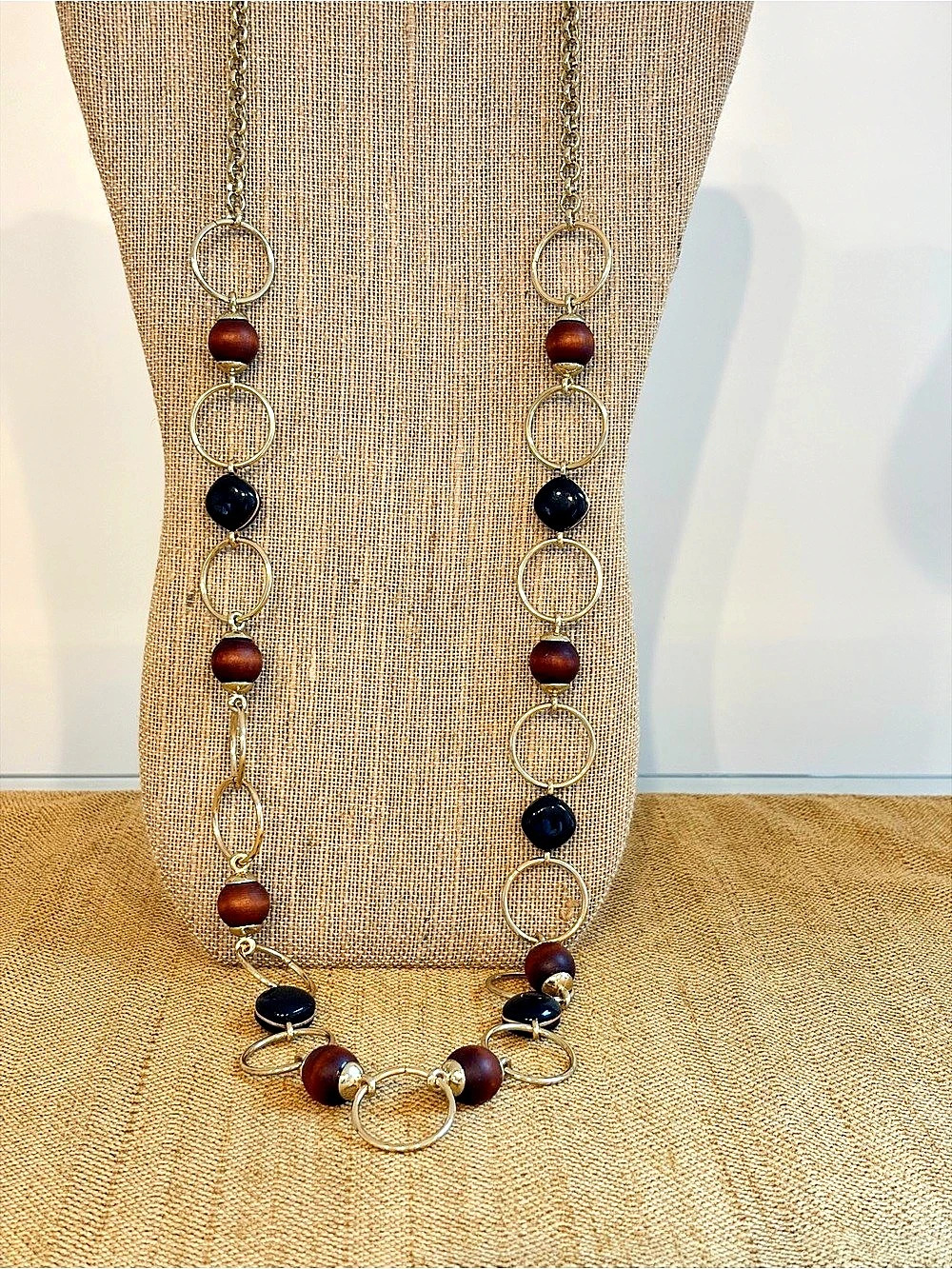 Chico's Bronson Sngl Beaded Ring Link Necklace in Brown & Gold NWT